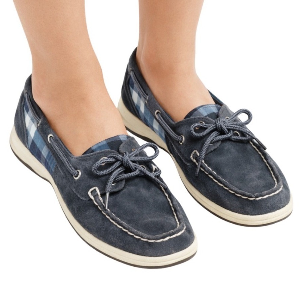 Sperry Top-Sider Womens Grey Suede Blue Plaid Boat Shoes Loafers Deck Shoes 6